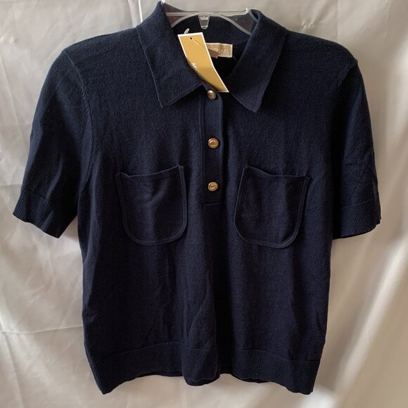 MICHAEL KORS Button Up Knit Polo Shirt Midnight Blue Sz MEDIUM - Picture 1 of 4
